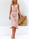 Cute Sheath/Column Satin V-neck Ruched Midi Dress PT02023663