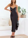 Black Split Satin Midi Dress PT02023685