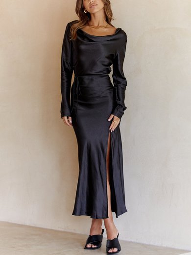 Black Draped Collar Satin Long Sleeve Split Maxi Dress PT02023690