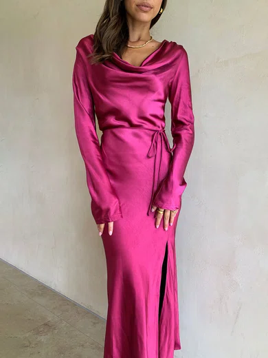 Elegant Fuchsia Satin Sheath/Column Split Maxi Dress PT02023710