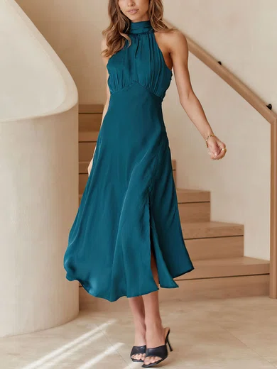 Flowy A-line Chiffon High Neck Ruched Split Midi Dress PT02023748