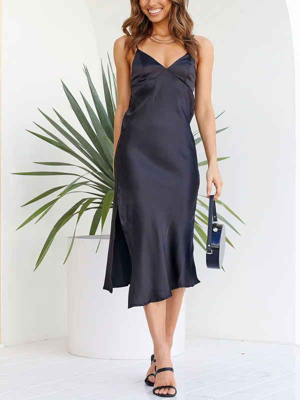 Black Split Satin Midi Dress PT02023753