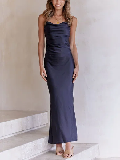 Modest Black Satin Sheath/Column Lace-Up Ruched Maxi Dress PT02023760