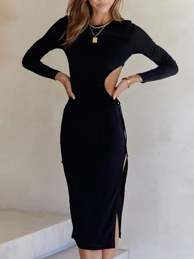Elegant Black Jersey Sheath/Column Cut Out Split Midi Dress PT02023767