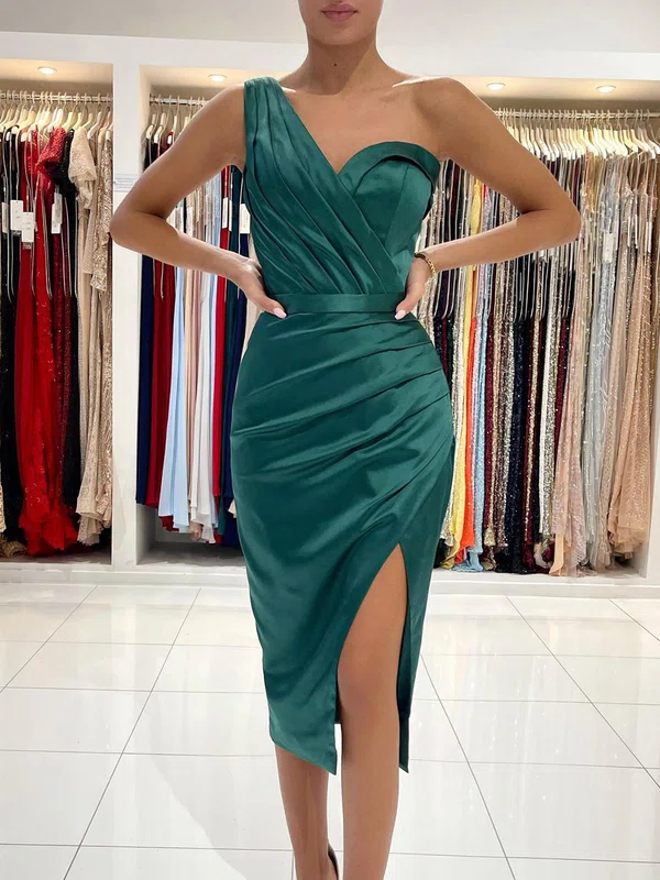 Elegant Sheath/Column Satin One Shoulder Ruched Midi Dress PT020117754