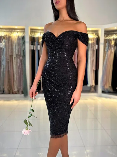 Black Ruched Off Shoulder Split Back Sequin Bodycon Midi Dress PT020117762