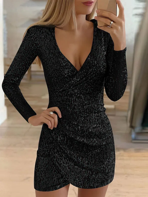 Black Sequins Long Sleeve Ruched Bodycon Mini Dress PT02023858