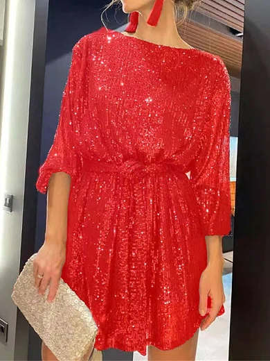 Sparkly Red Sequin A-line Scoop Neck Long Sleeve Mini Dress PT02023856
