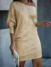 Gold One Shoulder Sequins Long Sleeve Mini Dress PT02023852