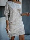 Silver One Shoulder Sequins Long Sleeve Mini Dress PT02023851
