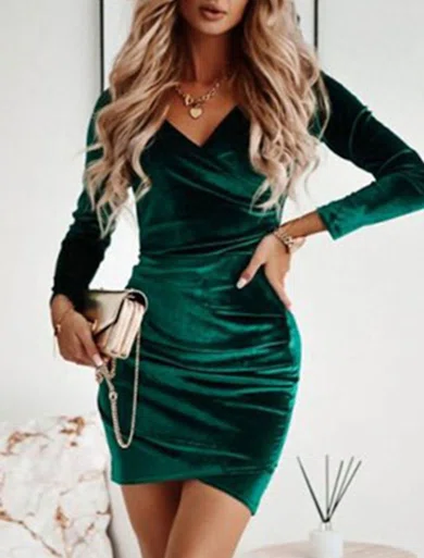 Modest Bodycon Velvet V-neck Long Sleeve Ruched Mini Dress PT02023849