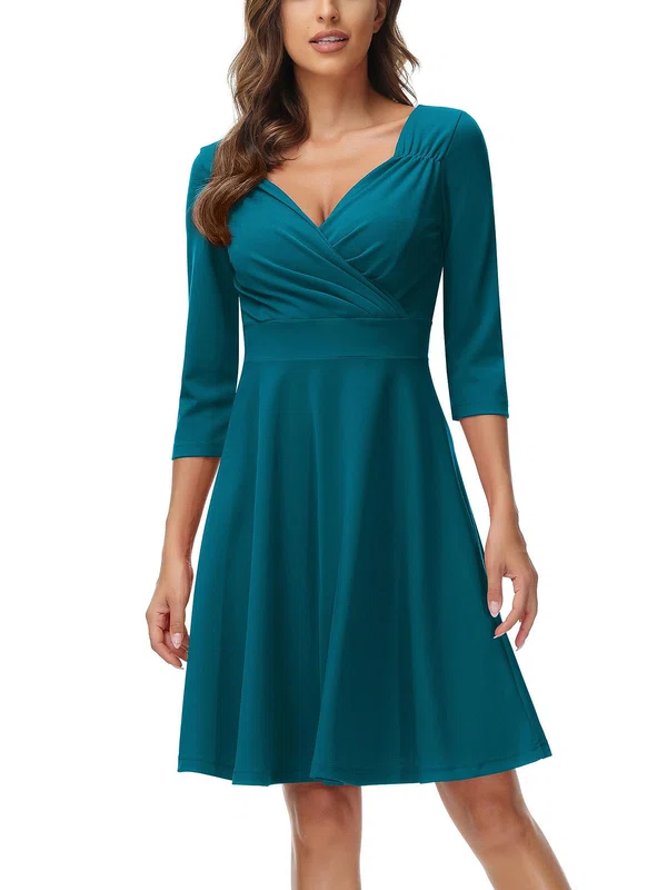 Elegant A-line Stretch Crepe V-neck Ruched Midi Dress PT02023821