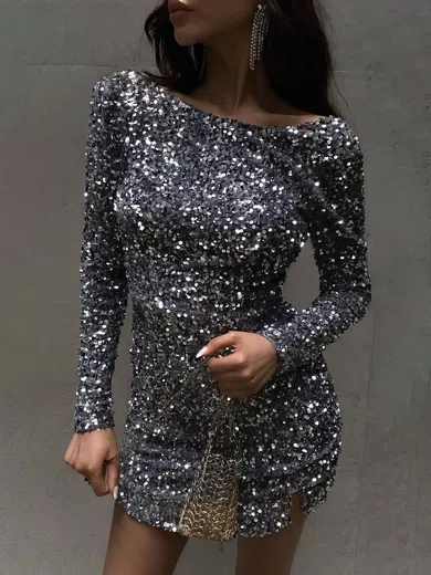 Sparkly Bodycon Sequin Long Sleeve Split Mini Dress PT02023818