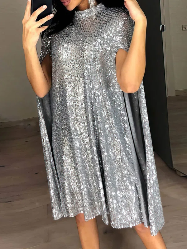 Silver High Neck Sequin Cloak Sleeve Midi Dress PT02023814