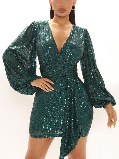Dark Green Sequins Long Sleeve Ruched Bodycon Mini Dress PT02023793