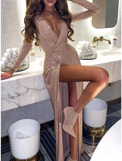 Deep V Neck Glitter Long Sleeve Split Maxi Dress millybridal