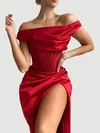 Red Off Shoulder Satin Split Midi Dress PT02023934