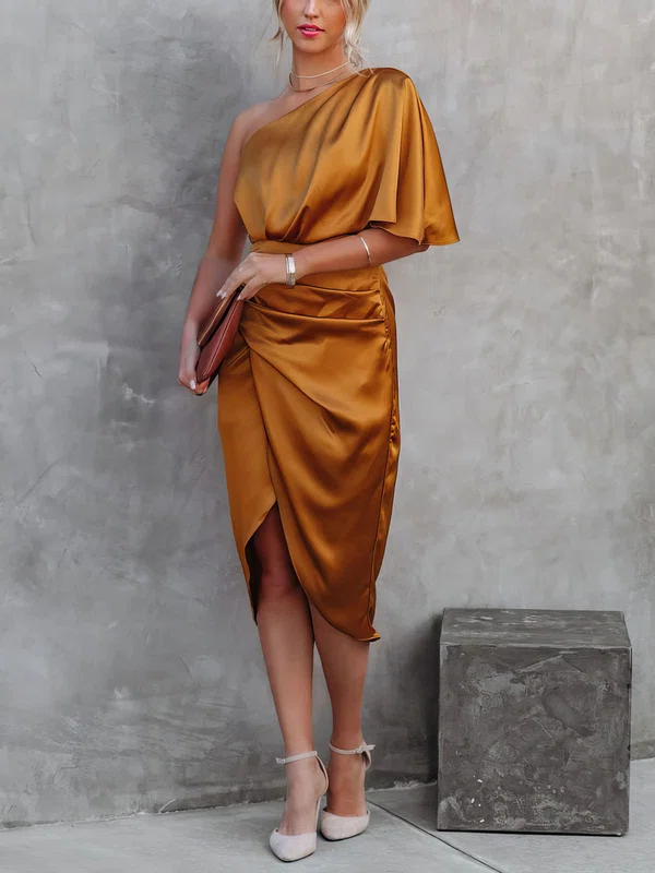 Elegant Sheath/Column Satin One Shoulder Ruched Midi Dress PT02023942