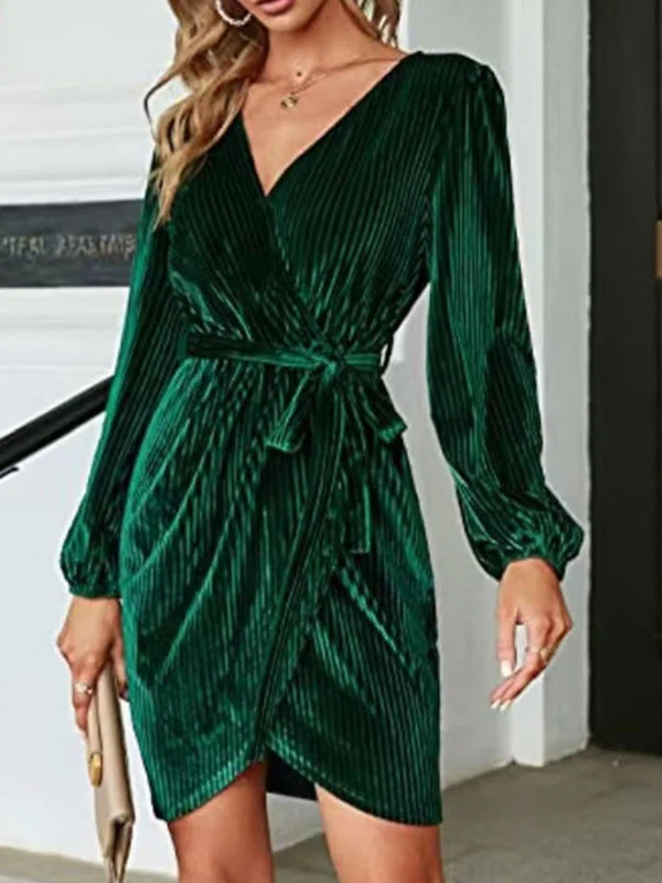 Dark Green Velvet Long Sleeve Split Mini Dress PT02023964