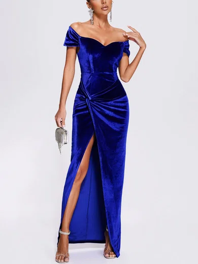 Elegant Sheath/Column Velvet Ruched Split Maxi Dress PT02023968