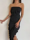 Unique Black Jersey Sheath/Column Straight Ruffle Midi Dress PT02023979