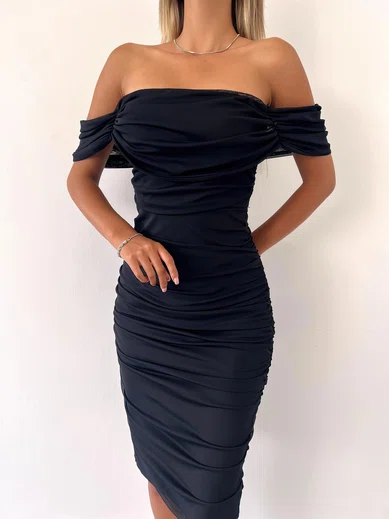 Petite Black Jersey Sheath/Column Split Ruched Midi Dress PT02023986