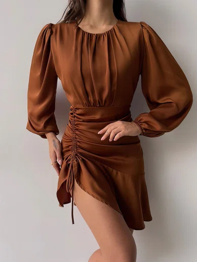 Elegant Bodycon Satin Long Sleeve Ruched Mini Dress PT02023991