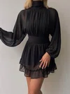 Flowy Black Chiffon A-line Long Sleeve Ruffle Mini Dress PT02023993