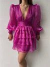 Fuchsia Ruffle Hem Deep V Neck Chiffon Long Sleeve Mini Dress PT02023994