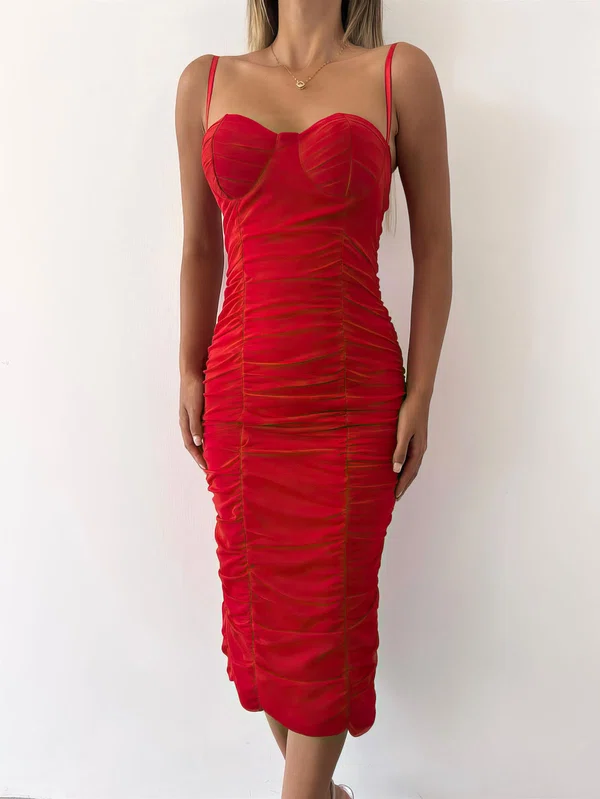 Petite Red Jersey Sheath/Column Sweetheart Ruched Midi Dress PT02023997