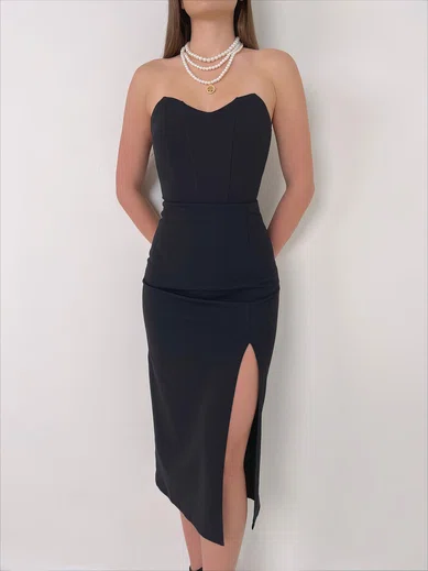 Elegant Black Sheath/Column Sweetheart Split Midi Dress PT02024013