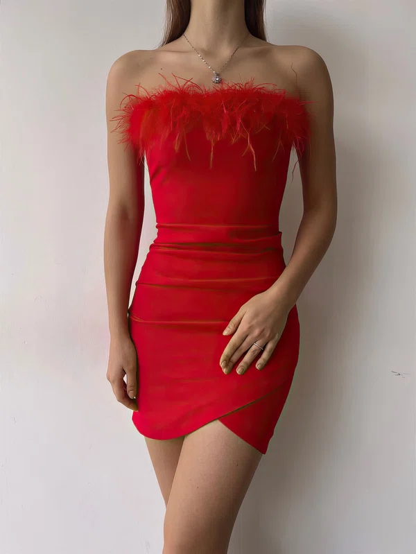 Petite Red Bodycon Straight Feathers Mini Dress PT02024027