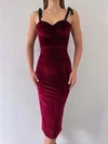 Elegant Burgundy Velvet Sheath/Column Sweetheart Bow Midi Dress PT02024031