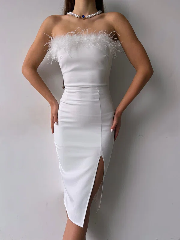 Elegant White Sheath/Column Feathers Split Midi Dress PT02024033