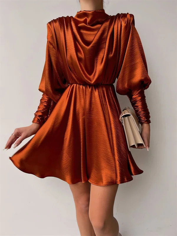 Elegant A-line Satin Long Sleeve Ruched Mini Dress PT02024035