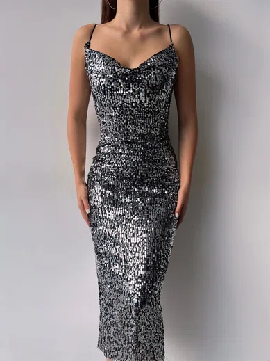 Draped Collar Sequin Bodycon Midi Dress PT02024038
