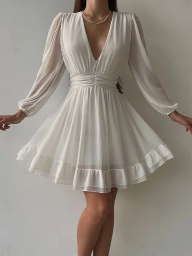 Flowy A-line Chiffon V-neck Long Sleeve Ruffle Mini Dress PT02024042