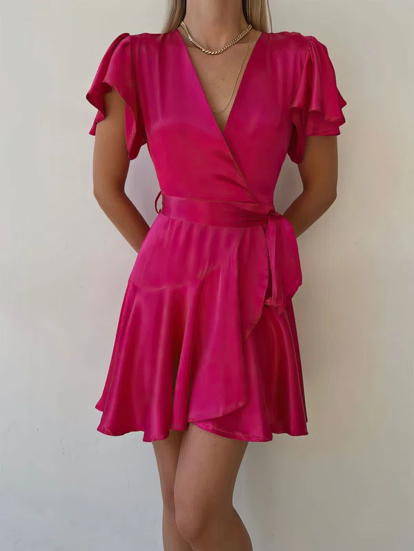 Elegant A-line Satin V-neck Ruffle Mini Dress PT02024061