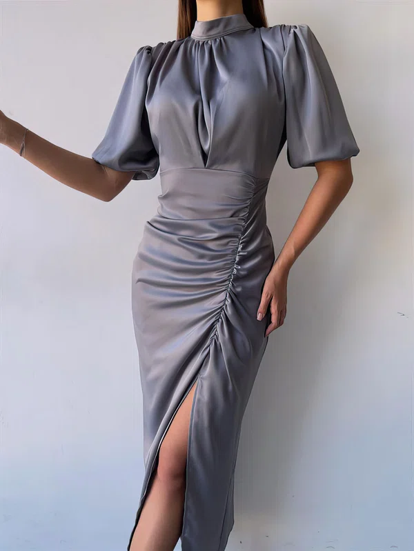 Modest Sheath/Column Satin High Neck Ruched Split Maxi Dress PT02024067