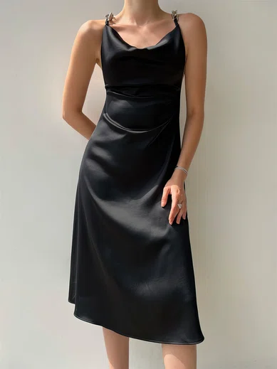 Elegant Black Satin A-line Cowl Neck Midi Dress PT02024079