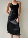 Black Draped Collar Satin Midi Dress PT02024079