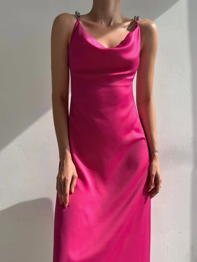 Elegant A-line Satin Cowl Neck Midi Dress PT02024080