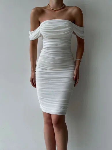 Petite White Chiffon Sheath/Column Ruched Split Midi Dress PT02024082