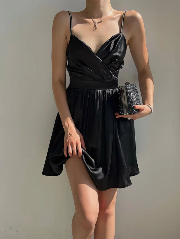 Black Ruched Satin Mini Dress PT02024085