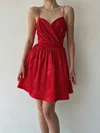 Elegant Red Satin A-line V-neck Ruched Mini Dress PT02024087