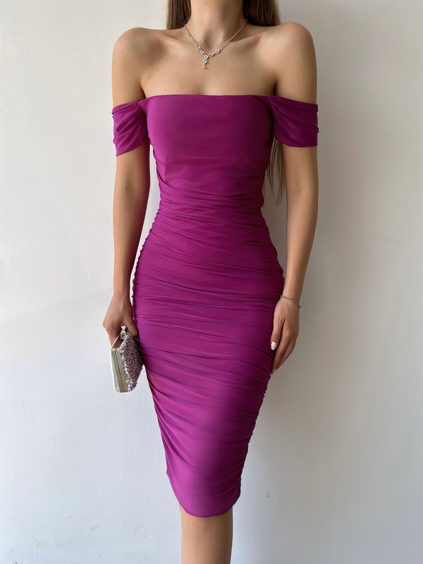 Off Shoulder Ruched Bodycon Midi Dress - millybridal.org