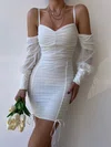 White Ruched Chiffon Long Sleeve Bodycon Mini Dress PT02024097