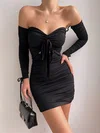 Black Off Shoulder Long Sleeve Ruched Bodycon Mini Dress PT02024163