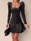 Black Satin Long Sleeve Mini Dress PT02024180