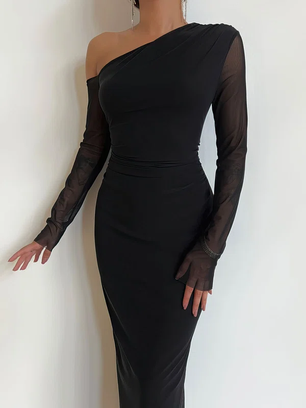 Modest Black Sheath/Column  One Shoulder Long Sleeve Maxi Dress PT02024188